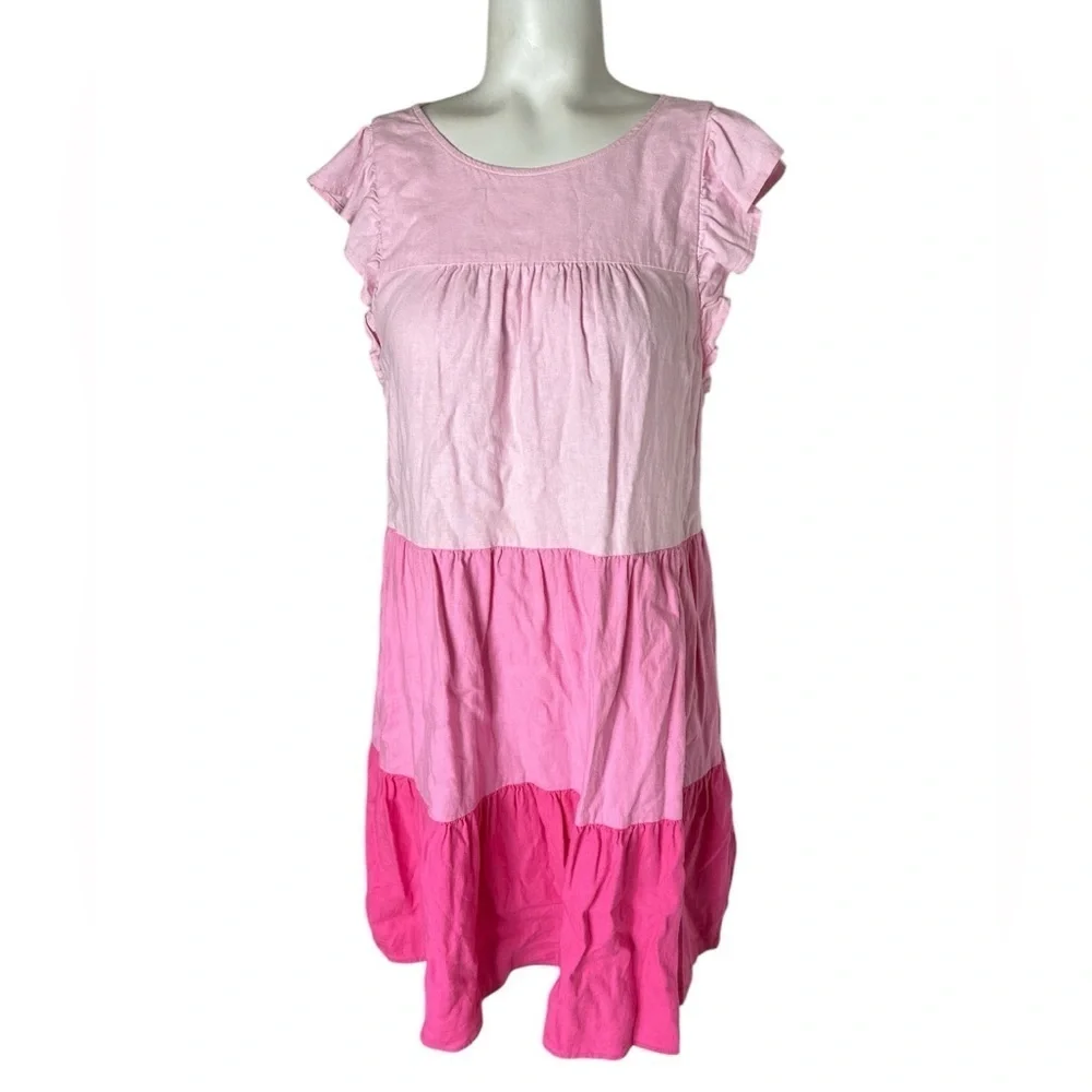J Crew Linen Blend Ruffle sleeve tiered mini dress